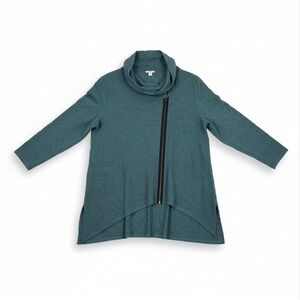 Chalet 3X Asymmetric Cowl Neck Tunic Top Teal Blue Casual Minimalist Coastal